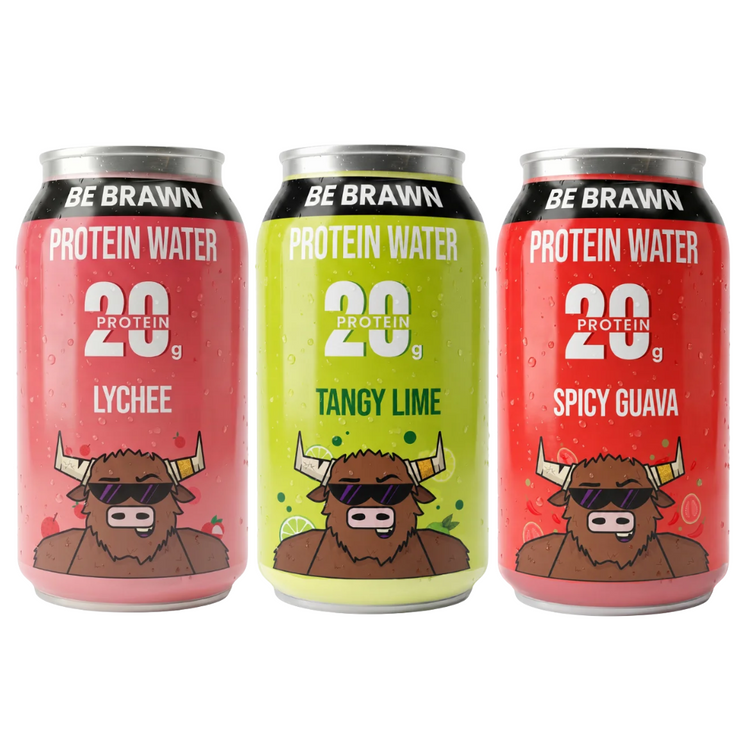 Be Brawn 20g protein water cans in Lychee, Tangy Lime and Spicy Guava